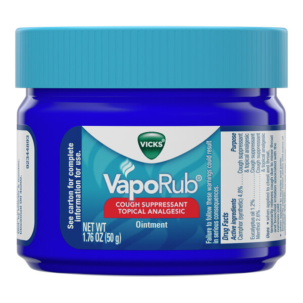 A blue plastic jar of Vicks VapoRub cough suppressant and topical analgesic ointment, 1.76 oz size.