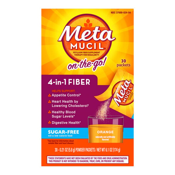 A box of Metamucil sugar-free orange fiber powder single-serve packets, containing 30 packets.