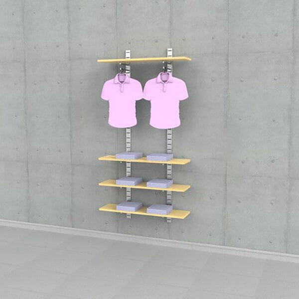 A vertical wall-mounted retail clothing display with two faceouts for hanging garments and four wooden shelves for folded clothes.