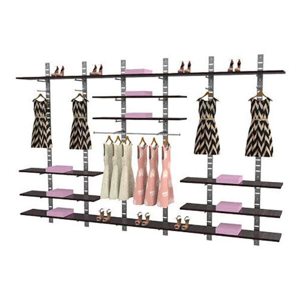 A large wall-mounted retail clothing display system with multiple shelves, hanging rails, and faceouts for showcasing dresses, shoes, and boxes.