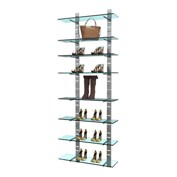 A vertical wall-mounted retail display unit with eight glass shelves supported by metal slat strips.