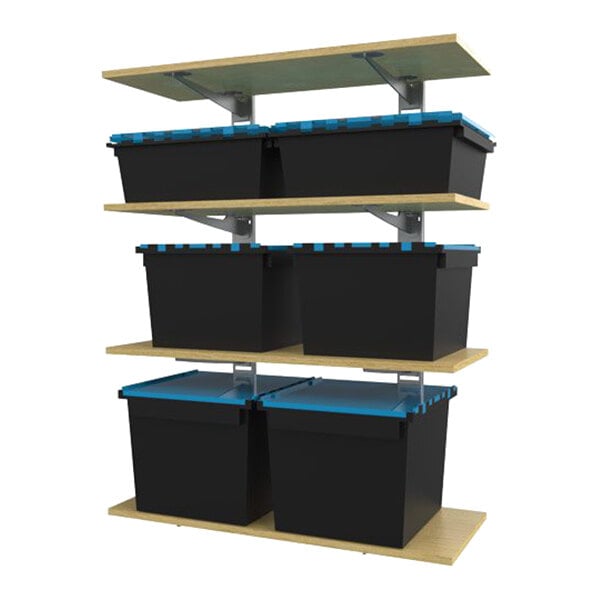 A heavy-duty vertical wall-mount retail display with four wooden shelves holding six large black storage bins with blue lids.