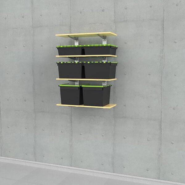 A wall-mounted retail display unit with four wooden shelves holding six black storage bins with green lids.