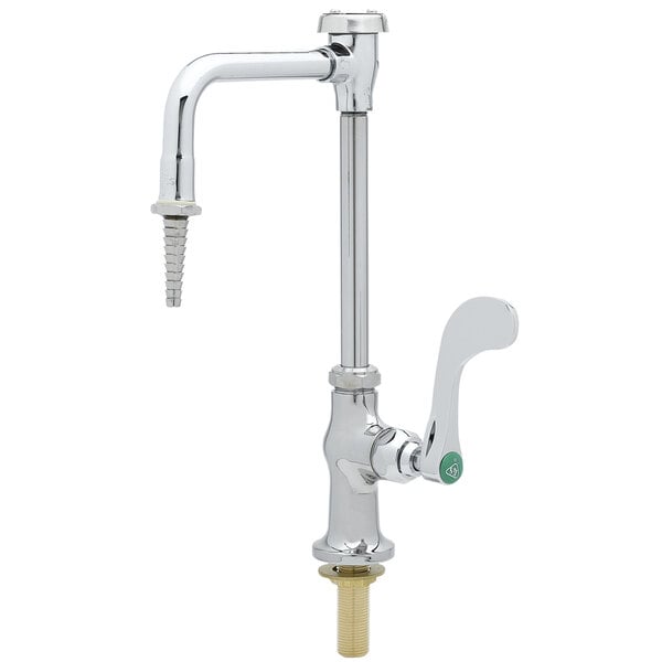 A silver T&S lab faucet with a black handle.