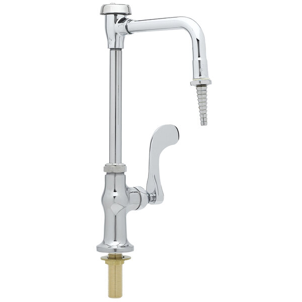 A chrome T&S laboratory faucet with a spout and white wrist action handle.