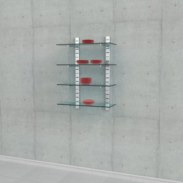 A vertical wall-mounted retail display with four glass shelves supported by metal brackets.