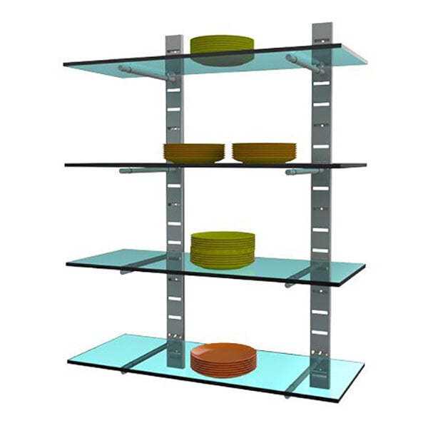 A vertical wall-mounted retail display unit with four glass shelves supported by metal brackets, holding stacks of plates.