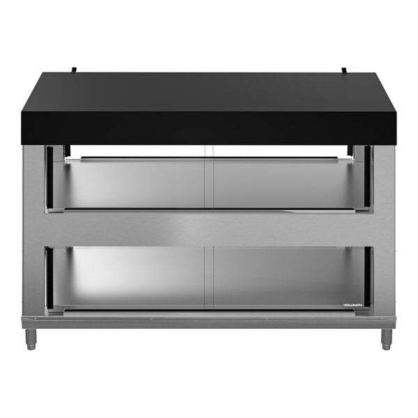 A stainless steel and black two-shelf countertop humidity-controlled hot food display case.