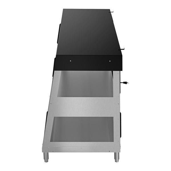 A stainless steel and black two-shelf countertop dual-service hot food display case with humidity control.