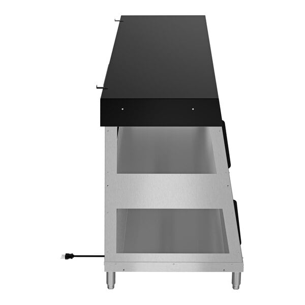 A stainless steel and black 2-shelf countertop dual-service humidity-controlled hot food display case with an electrical cord.