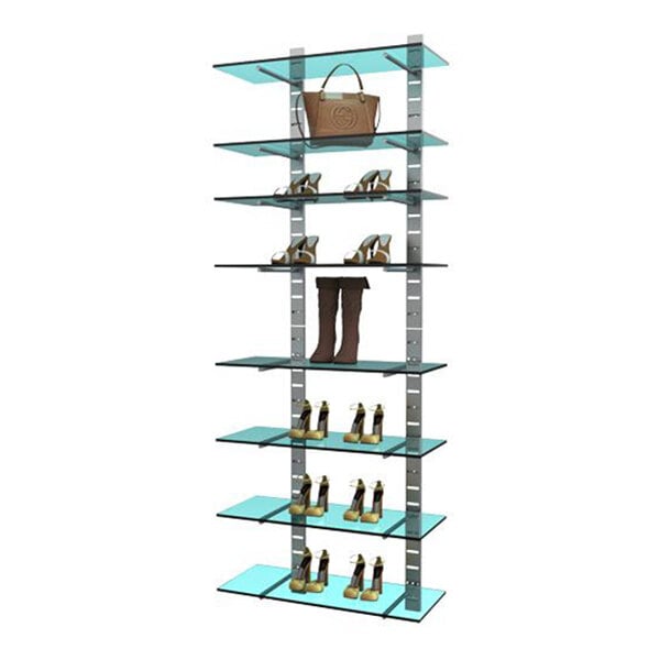 A vertical wall-mounted retail display unit with eight glass shelves supported by metal slat strips.