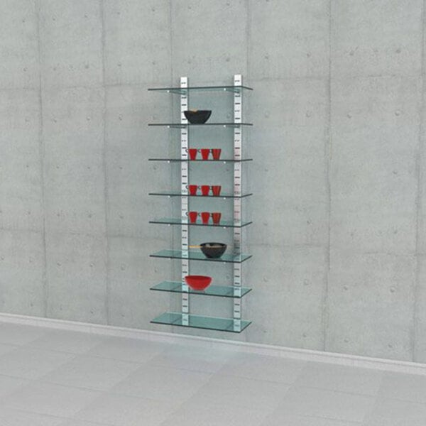 A vertical wall-mounted retail display with eight glass shelves supported by metal brackets.