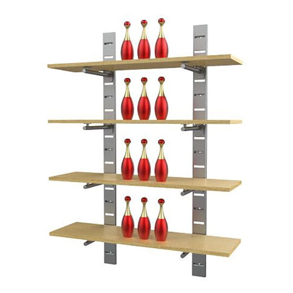 A vertical wall-mounted retail display with four wooden shelves supported by metal brackets, each shelf holding four red decorative bottles.