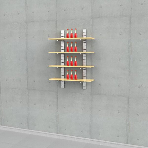 A wall-mounted retail display unit with four wooden shelves supported by vertical metal slat strips, holding red bottles.