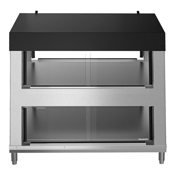 A two-shelf countertop dual-service humidity-controlled hot food display case with a black top and stainless steel body.
