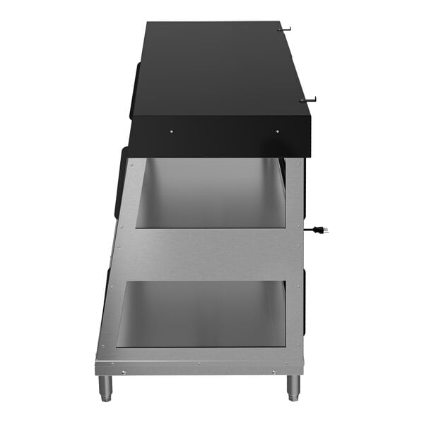 A two-shelf countertop dual-service humidity-controlled hot food display case with a stainless steel and black finish.