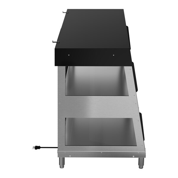 A two-shelf countertop dual-service humidity-controlled hot food display case with a stainless steel frame and black top.