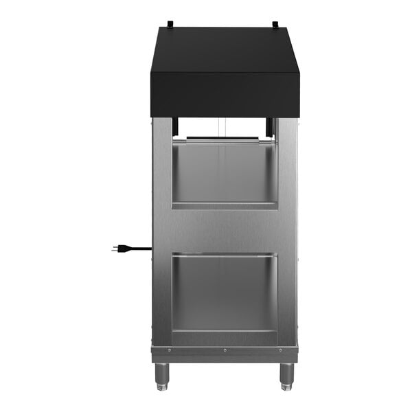 A stainless steel and black 2-shelf countertop self-service humidity-controlled hot food display case with an electrical cord.