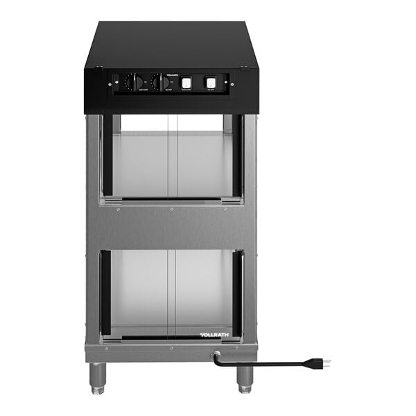 A two-shelf countertop self-service humidity-controlled hot food display case with a stainless steel and black finish.