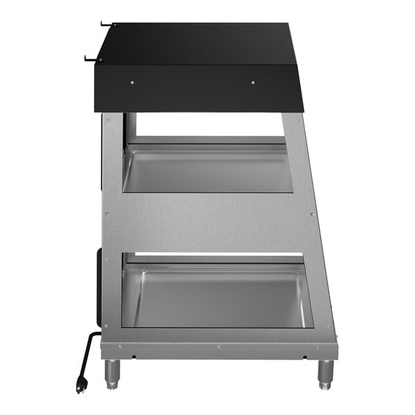 A two-shelf stainless steel countertop hot food display case with a black top and humidity control.
