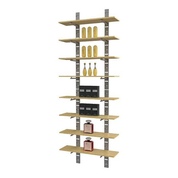 A vertical wall-mounted retail display unit with eight wooden shelves supported by metal brackets.