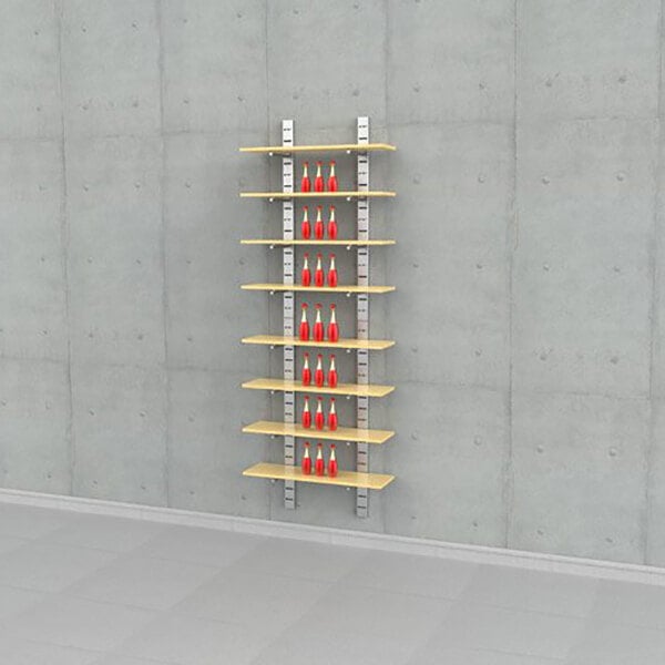 A vertical wall-mounted retail display with eight wooden shelves and metal supports, holding red bottles.