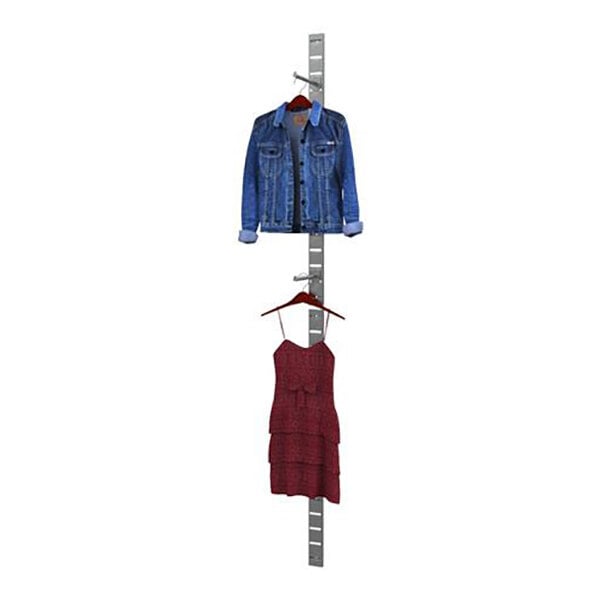 A vertical wall-mounted retail clothing display with two faceouts, holding a denim jacket and a red dress on hangers.