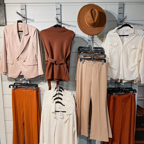 A vertical wall-mounted retail clothing display featuring various women's clothing items and a hat arranged on hangers and hooks.