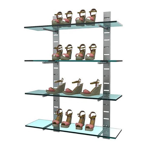A vertical wall-mounted retail display with four glass shelves holding pairs of women's wedge sandals.