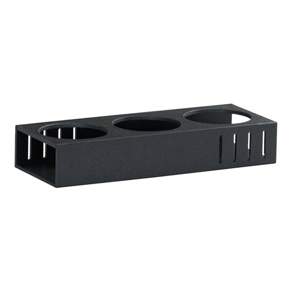 A black rectangular display rack with three circular openings designed to hold jars.