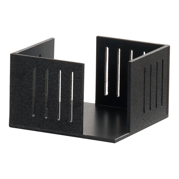 A black, square-shaped napkin organizer with vertical slots on three sides.