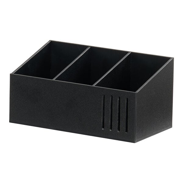 A black plastic flatware organizer with three compartments.