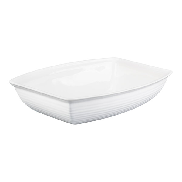 A white cast aluminum oblong salad bowl with a 10.5 quart capacity.