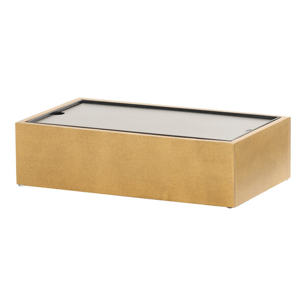 A rectangular rustic pine wood cold housing frame with a cold concept base set, featuring a gold finish and a flat top surface.