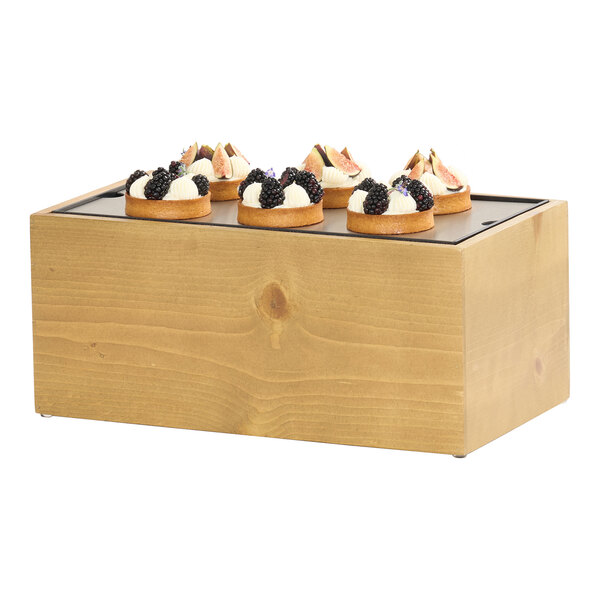 A rustic pine wood cold housing frame with a cold concept base set, used for displaying food items.
