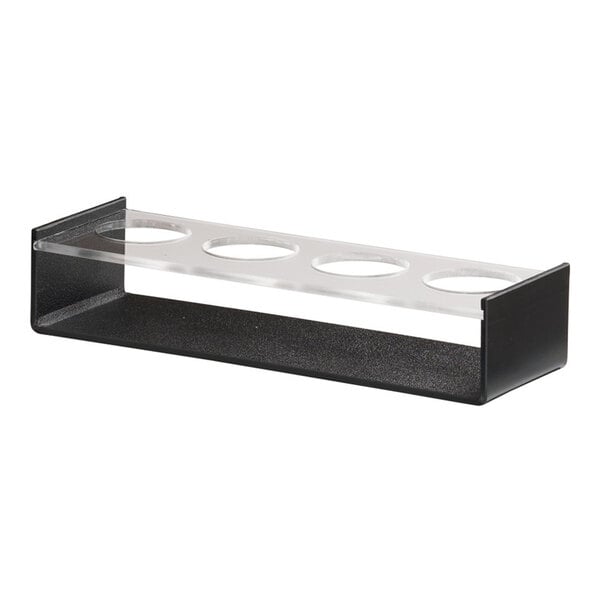 A rectangular black and clear caddy with four circular openings on the top.