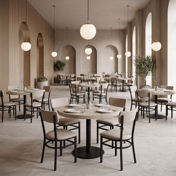 A 36-inch round sandstone laminate indoor table top with a modern design, shown in a contemporary restaurant setting.