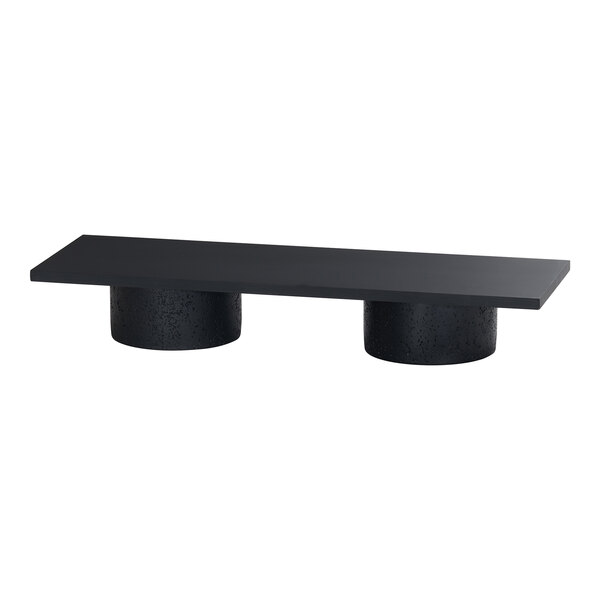 A rectangular black bamboo riser shelf with two cylindrical supports.