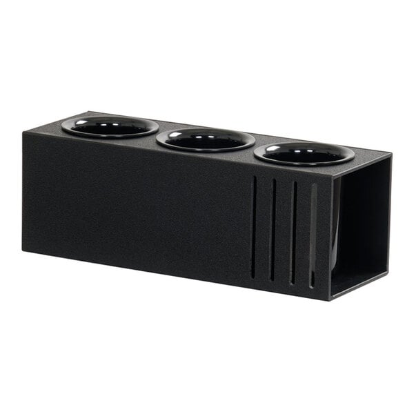 A black rectangular display stand with three circular openings on top, designed to hold and showcase cylindrical objects.