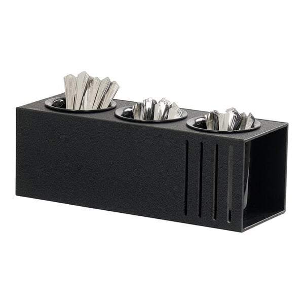 A black rectangular display holder with three compartments, each containing metal cylinders.