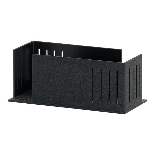 A black rectangular napkin organizer with vertical slots on the sides.