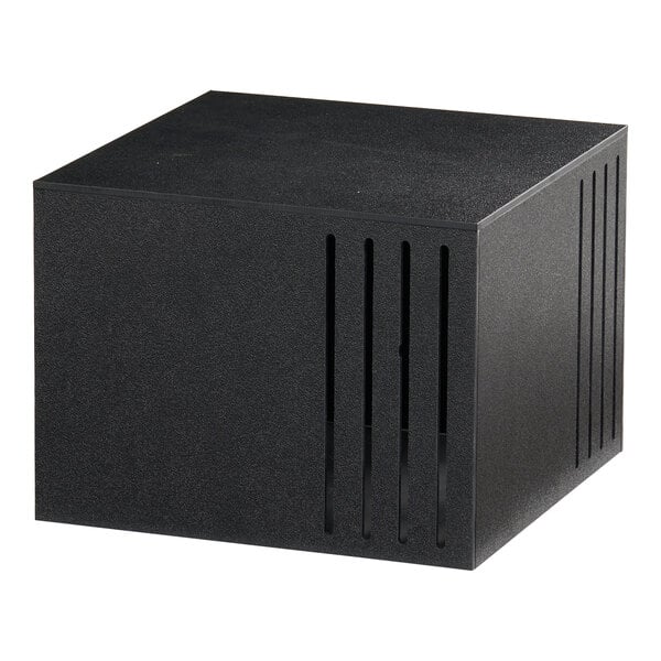 A black classic square riser with vent-like slits, measuring 12x12x9 inches.