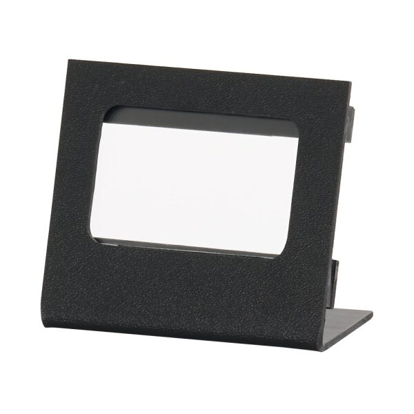 A black ABS card holder with a rectangular window for displaying cards, measuring 3 1/2 by 2 inches.