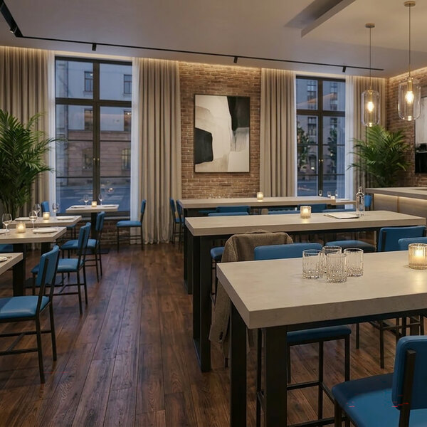 A rectangular 30 inch by 72 inch indoor table top with a sandstone laminate finish, shown in a modern restaurant setting.