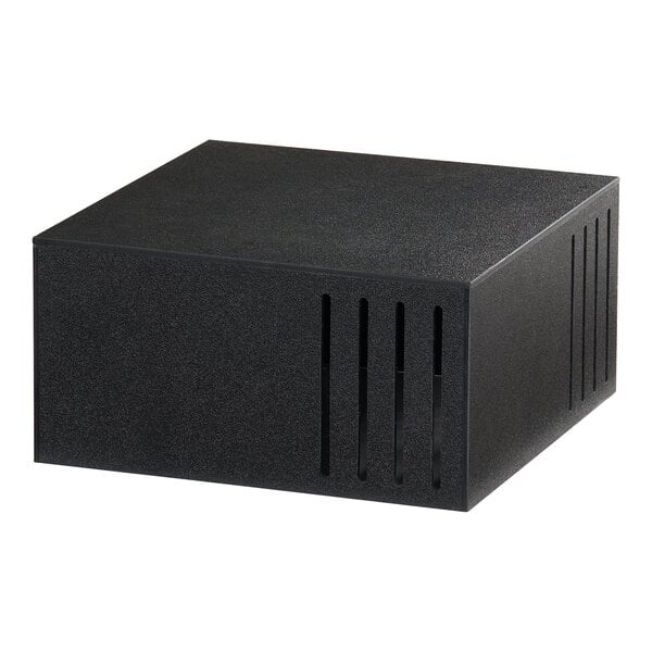 A black classic square riser measuring 12x12x6 inches with vertical slits on the sides.