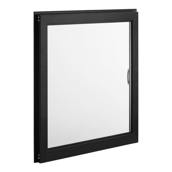 A black-framed rectangular glass door with a handle on the right side.