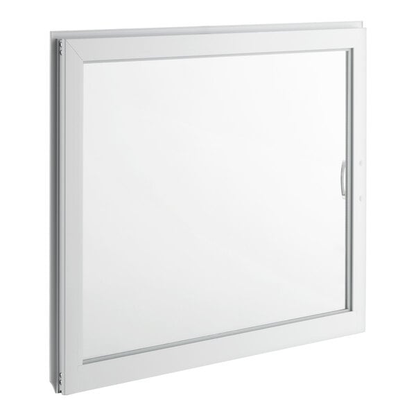 A white rectangular framed glass door with a handle on the right side.