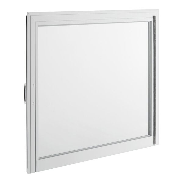 A white, rectangular door with a handle on the left side and a clear central panel, likely made of glass, set within a metal frame.