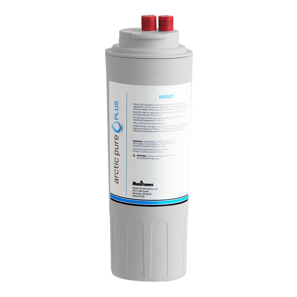 A cylindrical gray filter cartridge with a white label, blue accents, and two red capped connectors on top.
