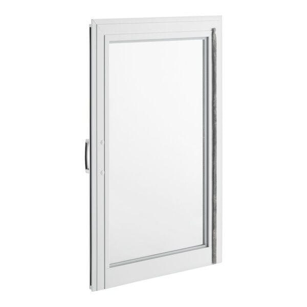 A white framed glass door with a handle on the left side, shown standing upright.